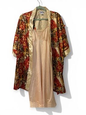 Vanity Fair Champagne Slip with Gold and Red Floral Satin Robe